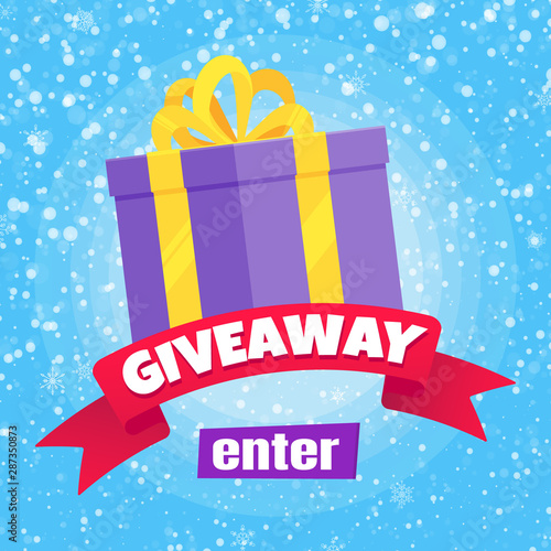 Giveaway winter gift concept for winners in social medias flat style design vector illustration. Internet give away poster for bloggers prize announcement random quizes flyer leflet on snow background
