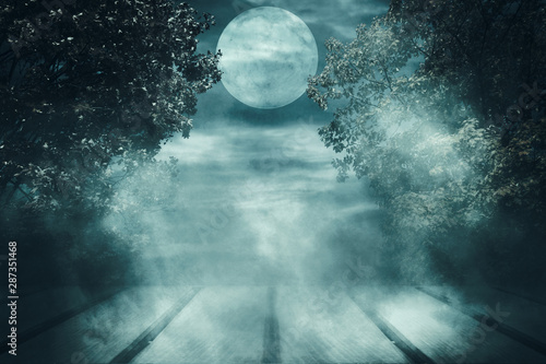 Empty dark background. Halloween pattern background. Moonlight through the trees in the forest. Wood worktop