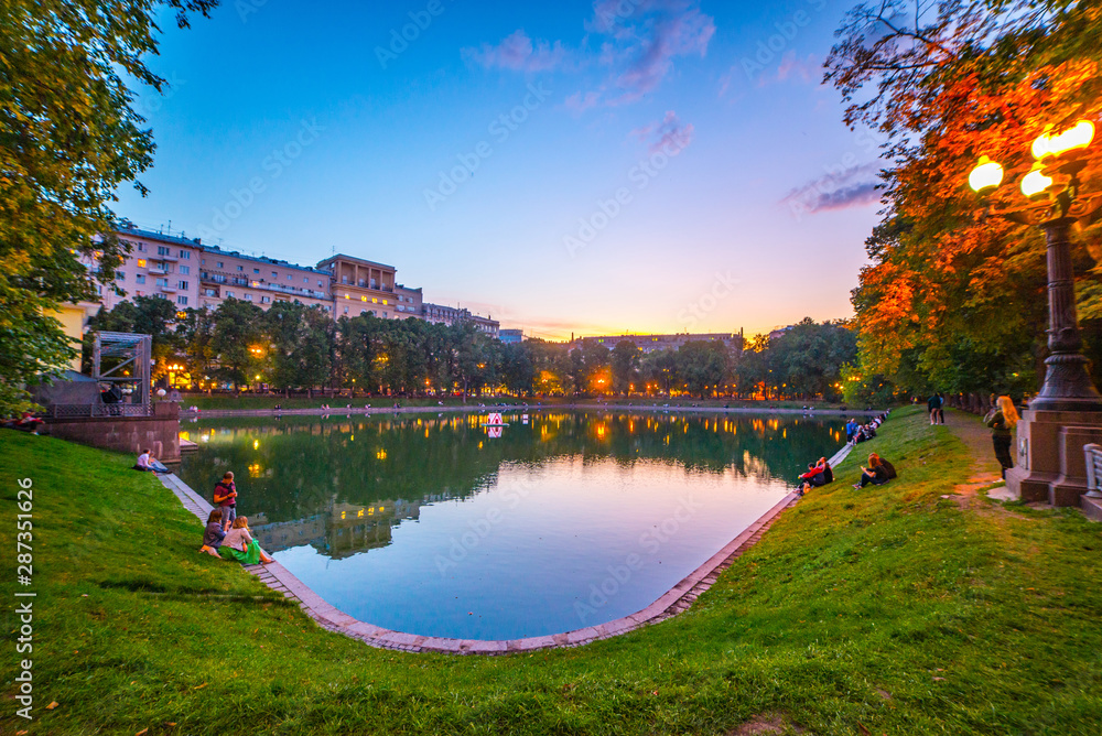 Patriarch Ponds on sunset in downtown Presnensky District of Moscow