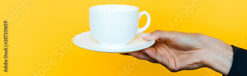 panoramic shot of woman holding saucer and cup isolated on orange