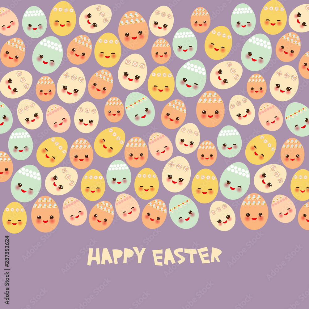 Happy Easter greeting card banner template design. Kawaii colorful blue green orange pink yellow cute funny egg with pink cheeks and winking eyes, pastel colors on lilac purple background. Vector
