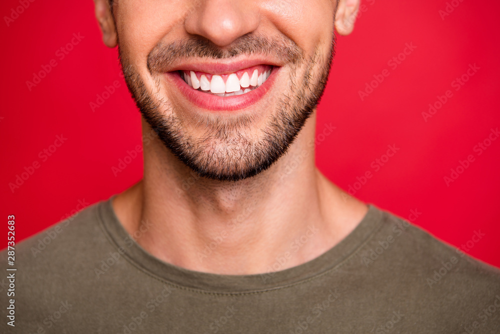 Obraz premium Cropped photo of guy face showing perfect teeth after dentist visit wear grey t-shirt isolated on red background