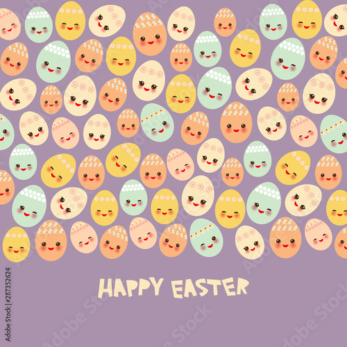 Happy Easter greeting card banner template design. Kawaii colorful blue green orange pink yellow cute funny egg with pink cheeks and winking eyes, pastel colors on lilac purple background. Vector