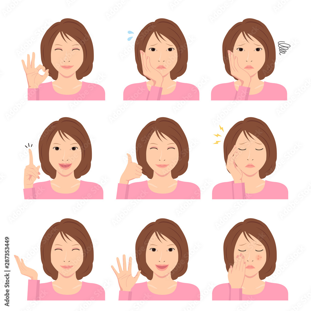 Young woman vector illustration set / hand gesture and emotional face variation. Young woman vector illustration set / hand gesture and emotional face variation.