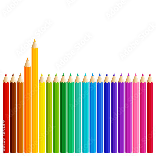 Pencils in a row  orange and yellow pencils above  rainbow pencils on white background  vector illustration