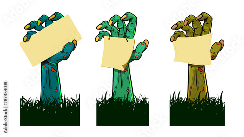 Set of Zombie hand holding blank card paper vector illustration template