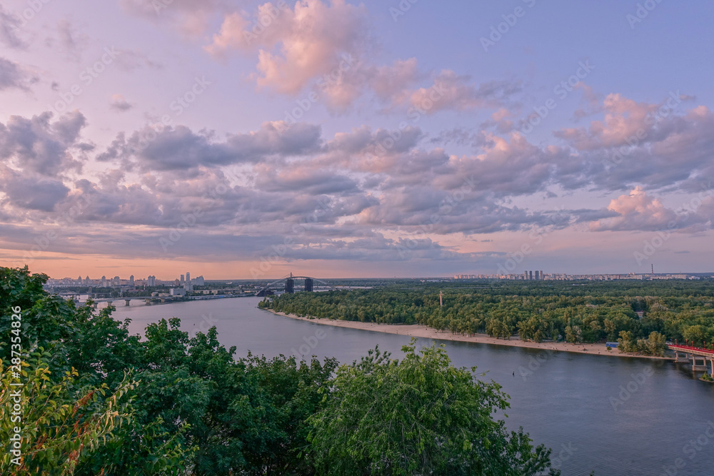 Nighttime Kiev. view of the Dnieper at sunset.