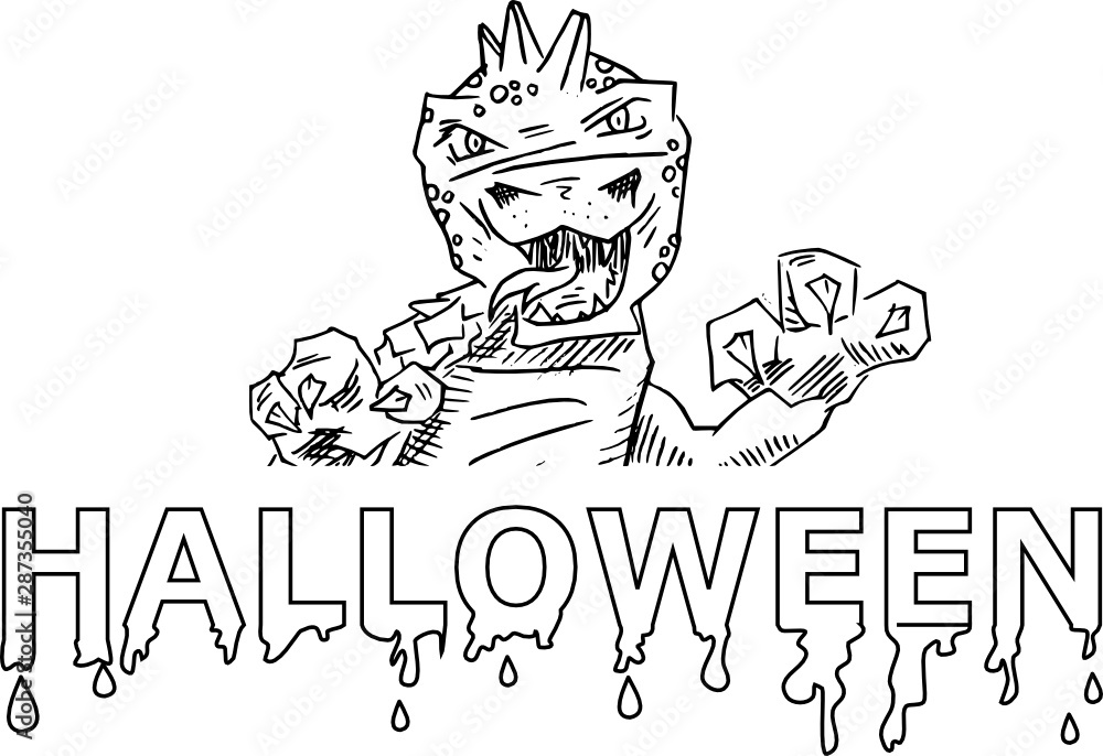Dragon at halloween - black and white illustration