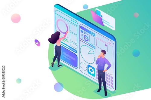Young people are engaged in the Dashboard design development. Concept of modern technology. 3d isometric Concept for web design