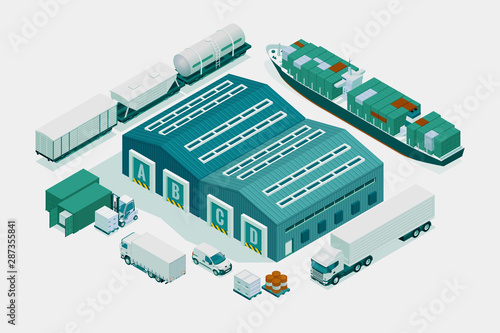 Web template banner Global logistics network. Isometric illustration of air cargo trucking rail transportation maritime shipping On-time delivery. Vehicles designed to carry large numbers of cargo.