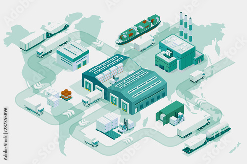 Web template banner Global logistics network. Isometric illustration of air cargo trucking rail transportation maritime shipping On-time delivery. Vehicles designed to carry large numbers of cargo.