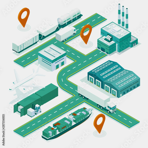 Web template banner Global logistics network. Isometric illustration of air cargo trucking rail transportation maritime shipping On-time delivery. Vehicles designed to carry large numbers of cargo.