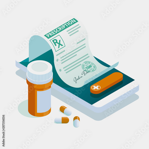 Isometric online doctor consultation, healthcare, medical concept. Online treatment recipe.