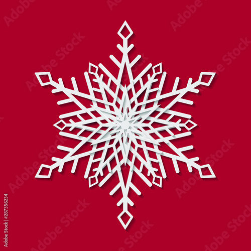 New year and Christmas design elements. 3 D snowflake with shadow on red background. Vector illustration in paper cut style.