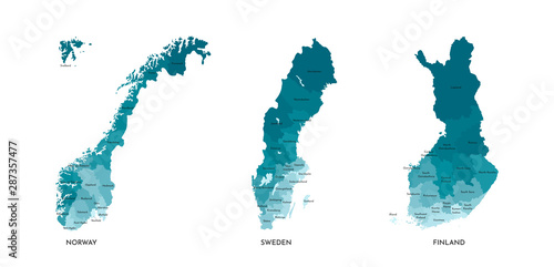 Vector isolated illustration of simplified administrative maps of Norway, Sweden, Finland. Borders and names of the regions (real proportion of states in relation to each other are different)