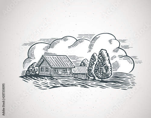 Graphical illustration of a countryside landscape, with houses and trees.