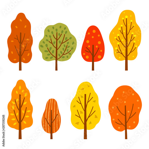 Colorful autumn trees set on white background