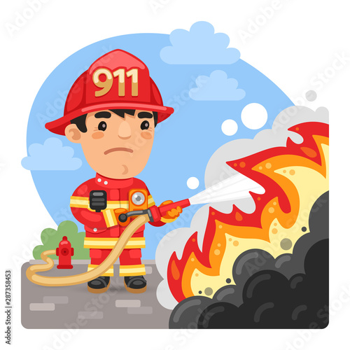 Cartoon firefighter extinguishes a fire with a hose. Composition with a professional. Flat male character.