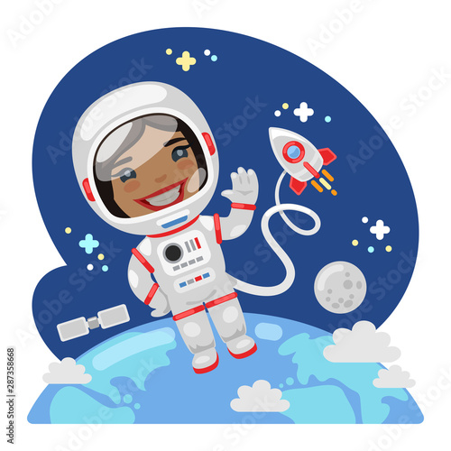 Cartoon astronaut in outer space above planet Earth near a rocket. Composition with a professional woman. Flat female character.