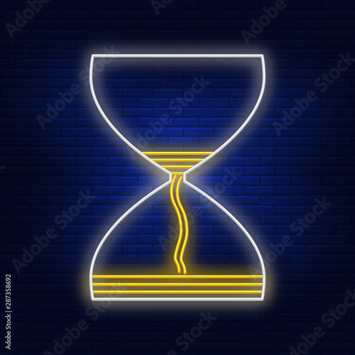 Neon lights hourglass. Bright advertising of the passing time. Modern vector logo, banner, shield, hourglass pattern. Night advertising on the background of a brick wall.