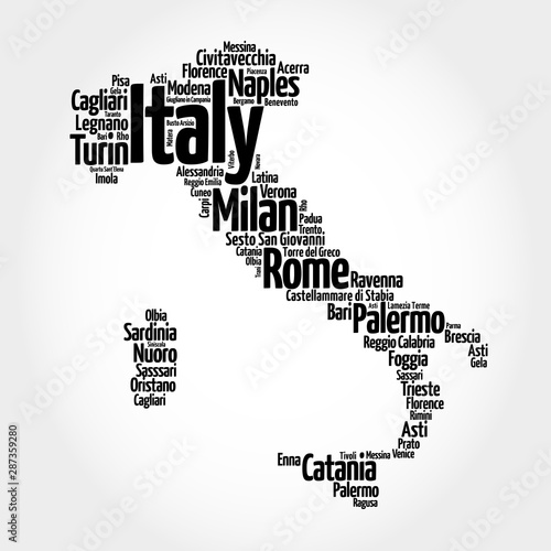 Fototapeta Naklejka Na Ścianę i Meble -  List of cities in Italy, map silhouette word cloud, travel concept background