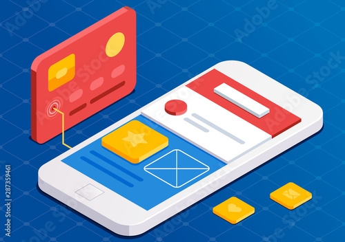 Mobile App Development, flat 3d isometric style. Blue web design. Front end developer app. Working on start-up. 