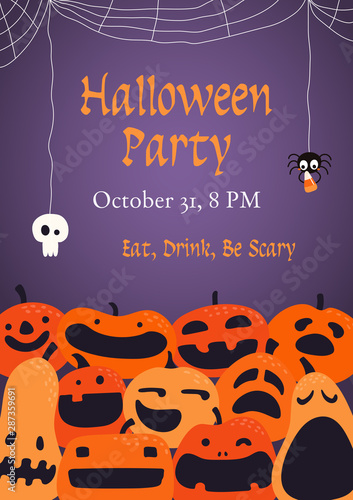 Banner, party invitation, background design with different funny pumpkins, jack o lanterns, spider webs, skull, text Halloween Party. Hand drawn vector illustration. Holiday decor concept. Flat style.
