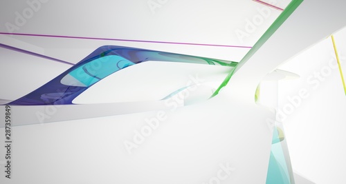 Abstract white and colored gradient glasses interior multilevel public space with window. 3D illustration and rendering.