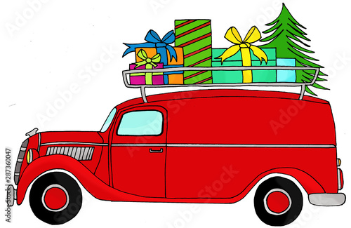 Hand drawn delivery truck with gifts