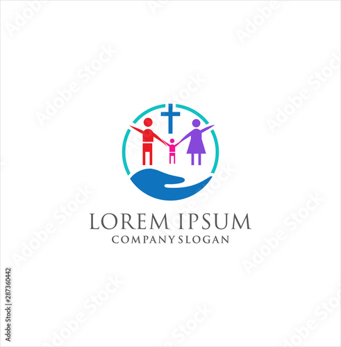 Church Family Logo Design Vector Stock .Church Hand Family Logo Design template . Christian symbols. The cross of Jesus Christ	
