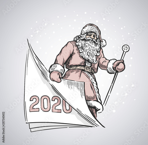 Cheerful santa turning a page, symbolic of a the portrayed time of the past year, and the coming next.