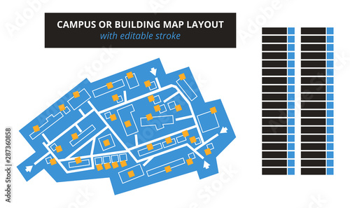 Vector editable floor plan with fields for logos or titles – blue campus or building map with editable stroke isolated on white. Suitable as a map of shopping mall, production hall, festival, shop.