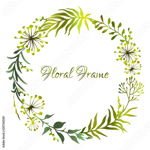 Round green floral frame with silhouettes of meadow herbs. Herbal wreath. Decorative wreath. Wild grass. Vector illustration.