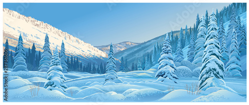Winter mountain landscape with snowdrifts and snowy fir trees.