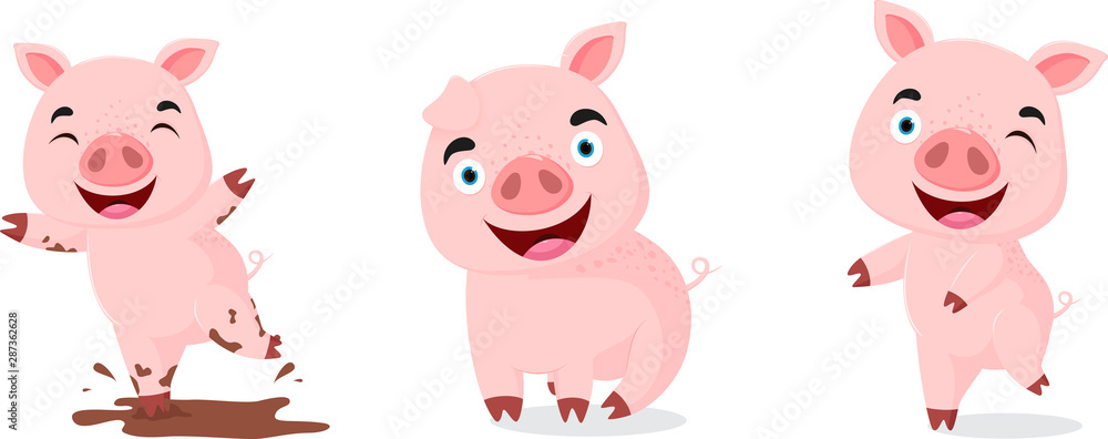 Cute Pig cartoon with different poses, isolated on white background