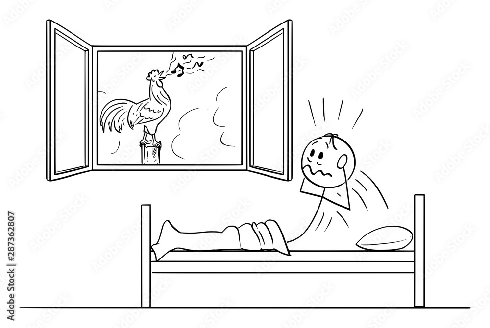 Vector cartoon stick figure drawing conceptual illustration of tired man in bed woken or woke by rooster crowing on garden.