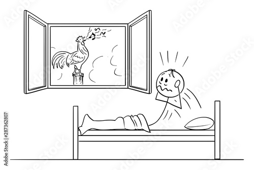 Vector cartoon stick figure drawing conceptual illustration of tired man in bed woken or woke by rooster crowing on garden.