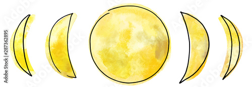 Phases of the moon, vector and watercolor drawing