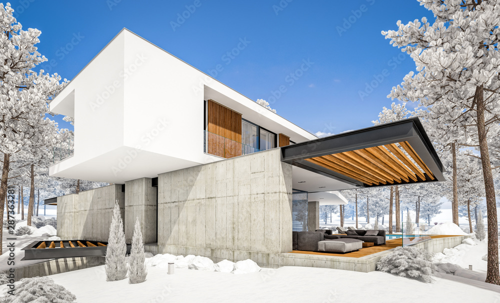 3d rendering of modern cozy house on the hill with garage and pool for sale or rent with beautiful landscaping on background. Cool winter day with shiny white snow. 3d rendering of modern cozy house on the hill with garage and pool for sale or rent with beautiful landscaping on background. Cool winter day with shiny white snow.