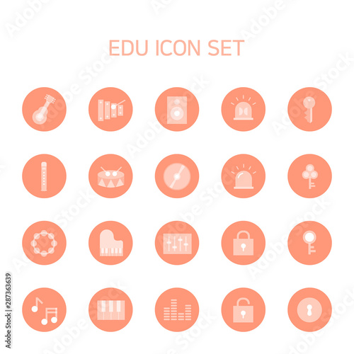 Icons related to music and music education such as guitar, xylophone. note, drum, piano, etc. and security-related warning light, key, etc.