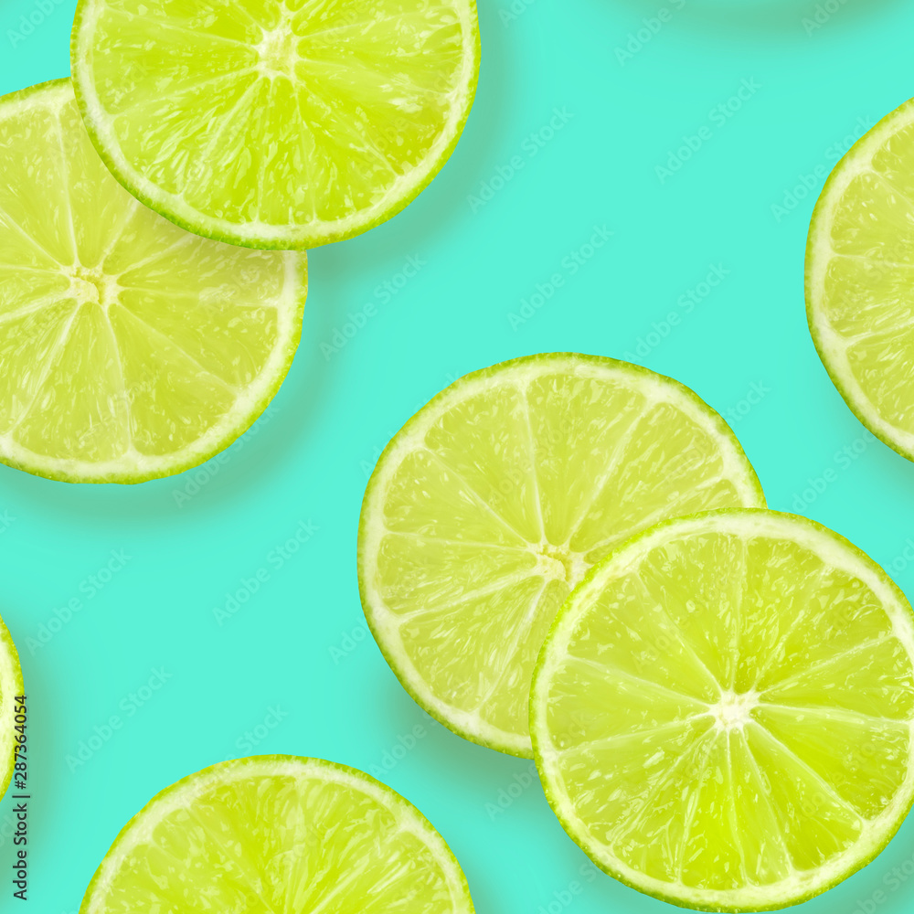 A seamless pattern of lime slices on a vibrant teal blue background, a fruity citrus repeat print