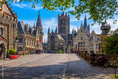 Medieval city of Gent (Ghent) in Flanders with Saint Nicholas Church and Gent Town Hall, Belgium. Cityscape of Ghent. photo