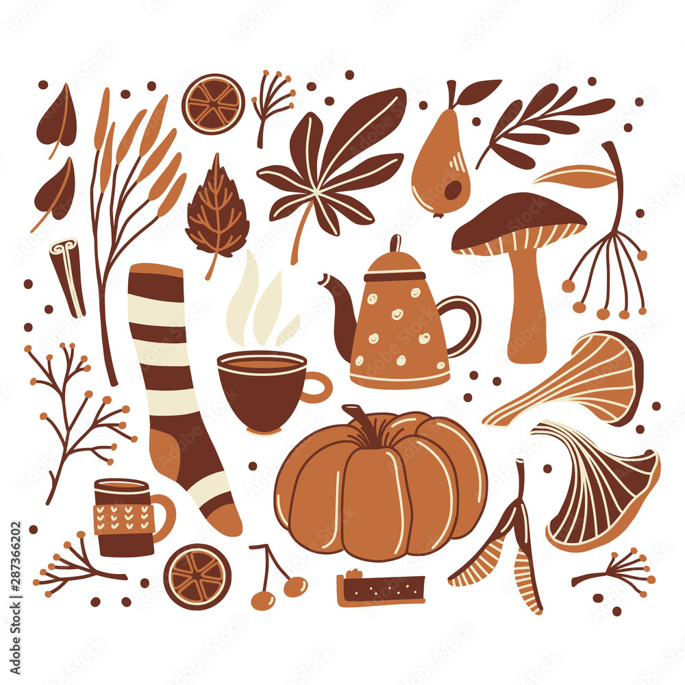 Set of fall, autumn season objects - pumpkin, sock, mushrooms, leaves, twigs and berries, flat cartoon vector illustration isolated on white background, square composition