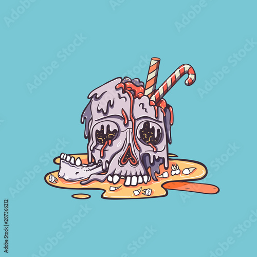 Ice cream skull melts and flows. Broken jaw, teeth fell out. Candy cane sticks out of ice cream. Creepy cartoon illustration for prints, t-shirts, Halloween or tattoo.