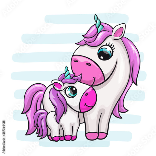 Unicorn baby with mom cute print. Sweet tiny pony family. Cool animal on striped back