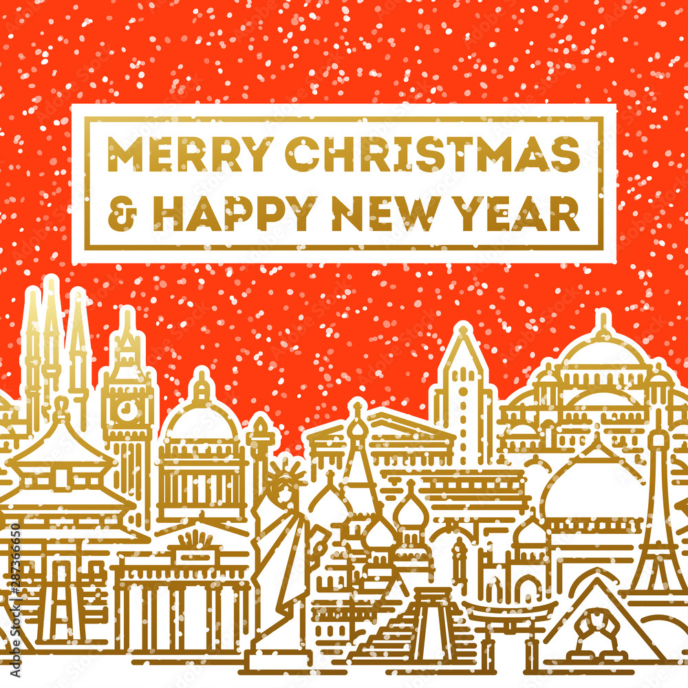 Christmas card with seasons greetings and snowy cityscape with worlds most popular tourist attractions