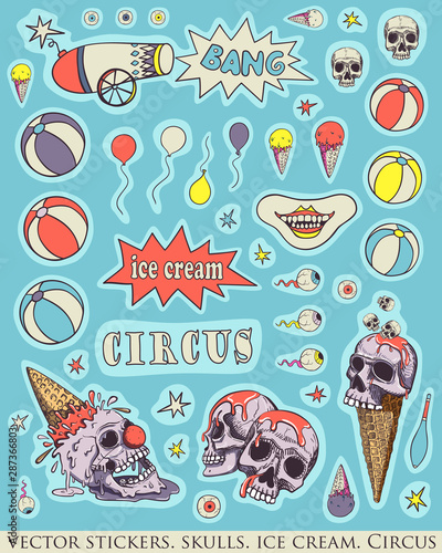 Set of stickers, pins. Skull, ice cream and circus attributes. Creepy, fun cartoon illustration. Vintage calm colors.