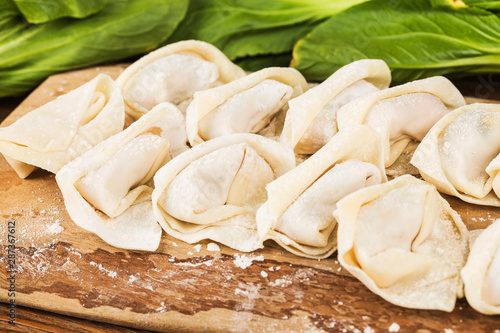 homemade fresh wonton dumpling, chines food. closeup. photo