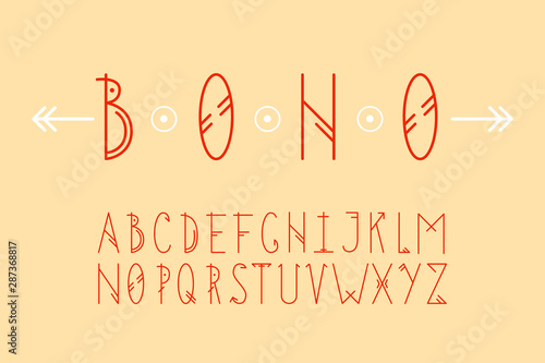 Simple geometric alphabet in boho style. Rounded straight lines in the oblong latin letters. Vector set in scandinavian motifs.
