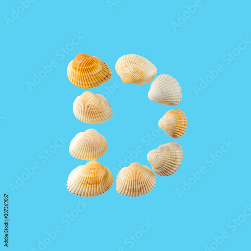 Letter "d" composed from seashells, isolated on gentle blue background